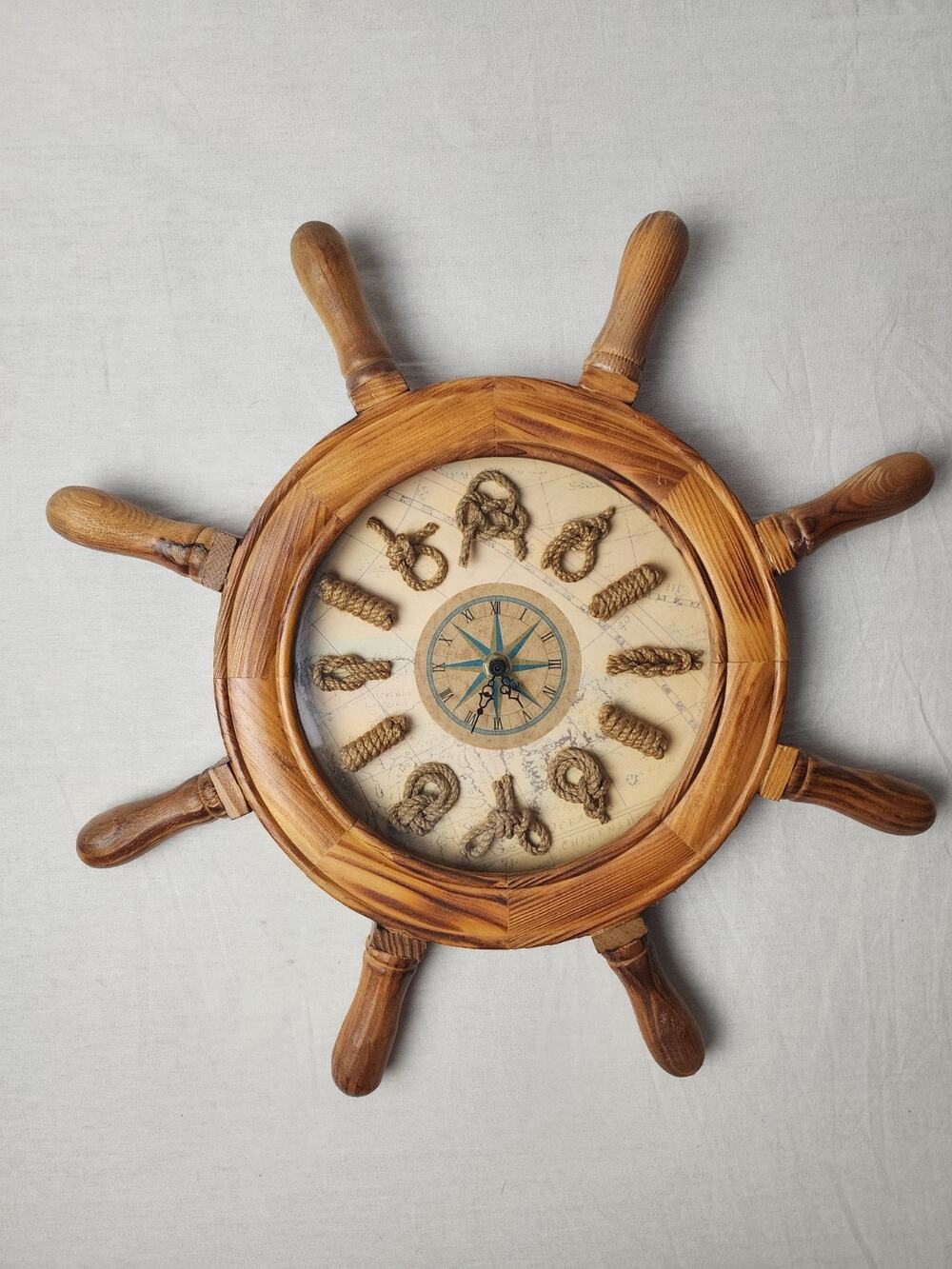 Wooden 16" Ship Wheel Clock w/ Time Knots Nautical Decor Captain Sailor Vintage